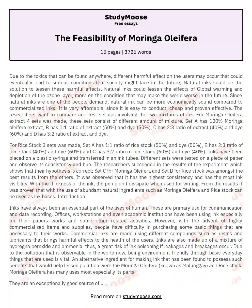 The Feasibility of Moringa Oleifera essay
