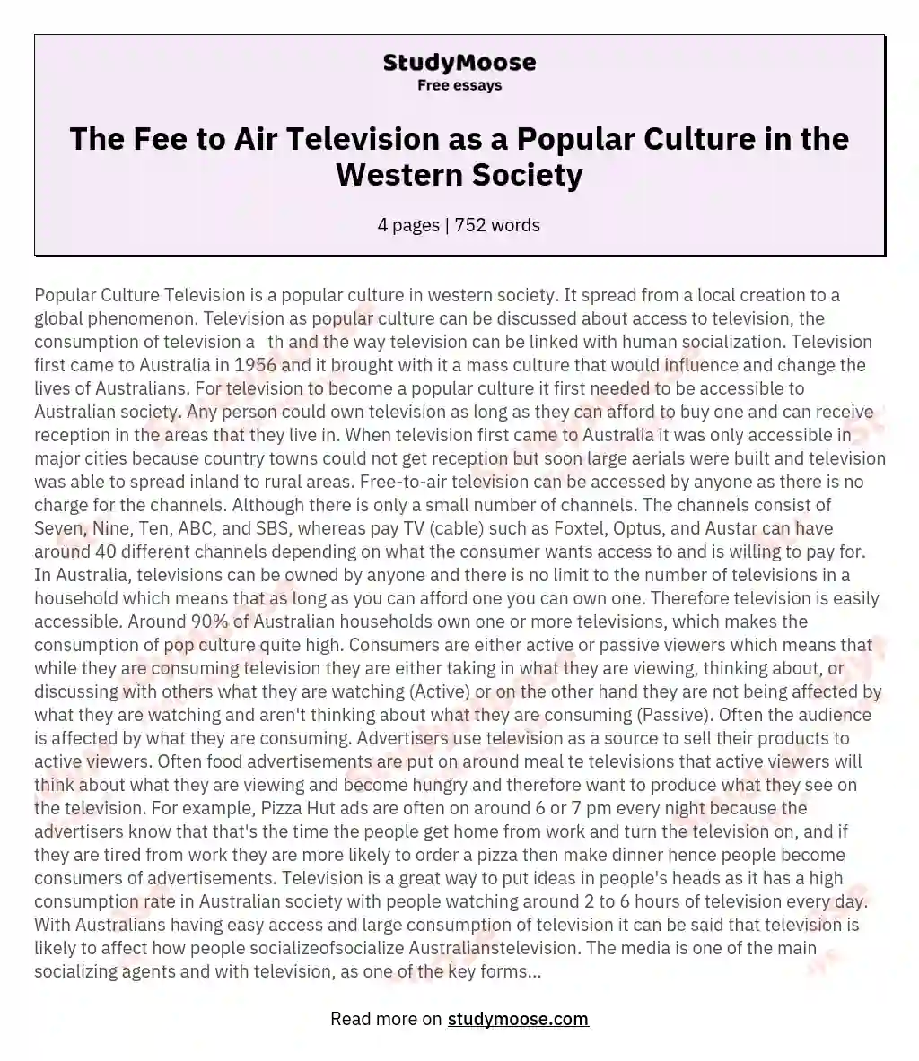 The Fee to Air Television as a Popular Culture in the Western Society essay