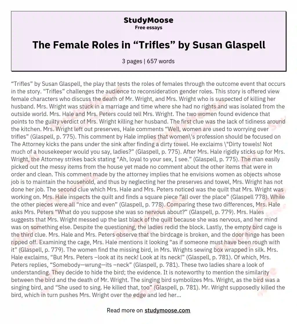 The Female Roles in “Trifles” by Susan Glaspell essay