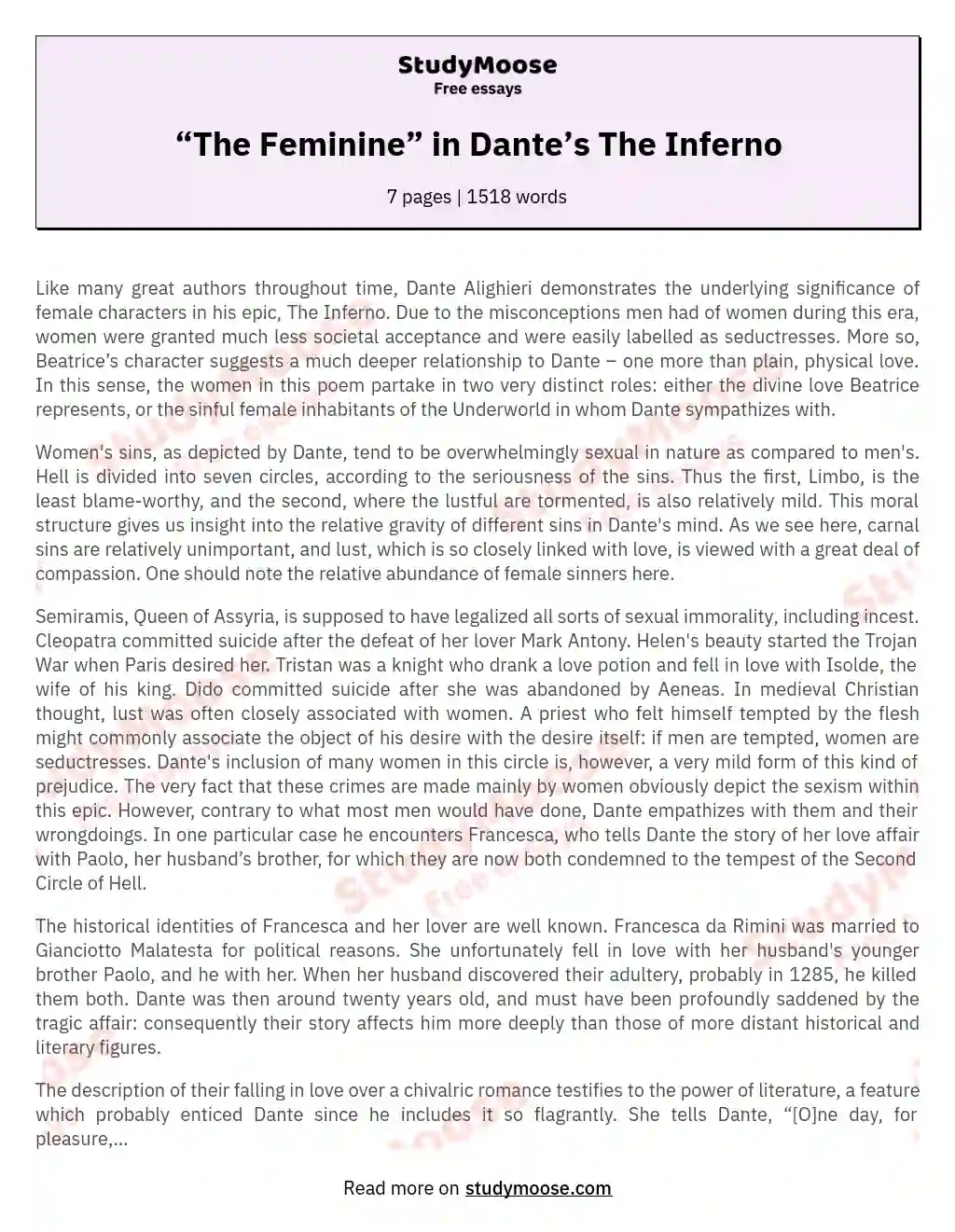 “The Feminine” in Dante’s The Inferno essay