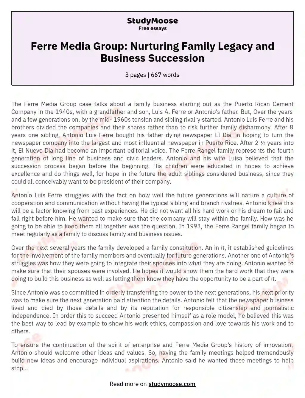 Ferre Media Group: Nurturing Family Legacy and Business Succession essay
