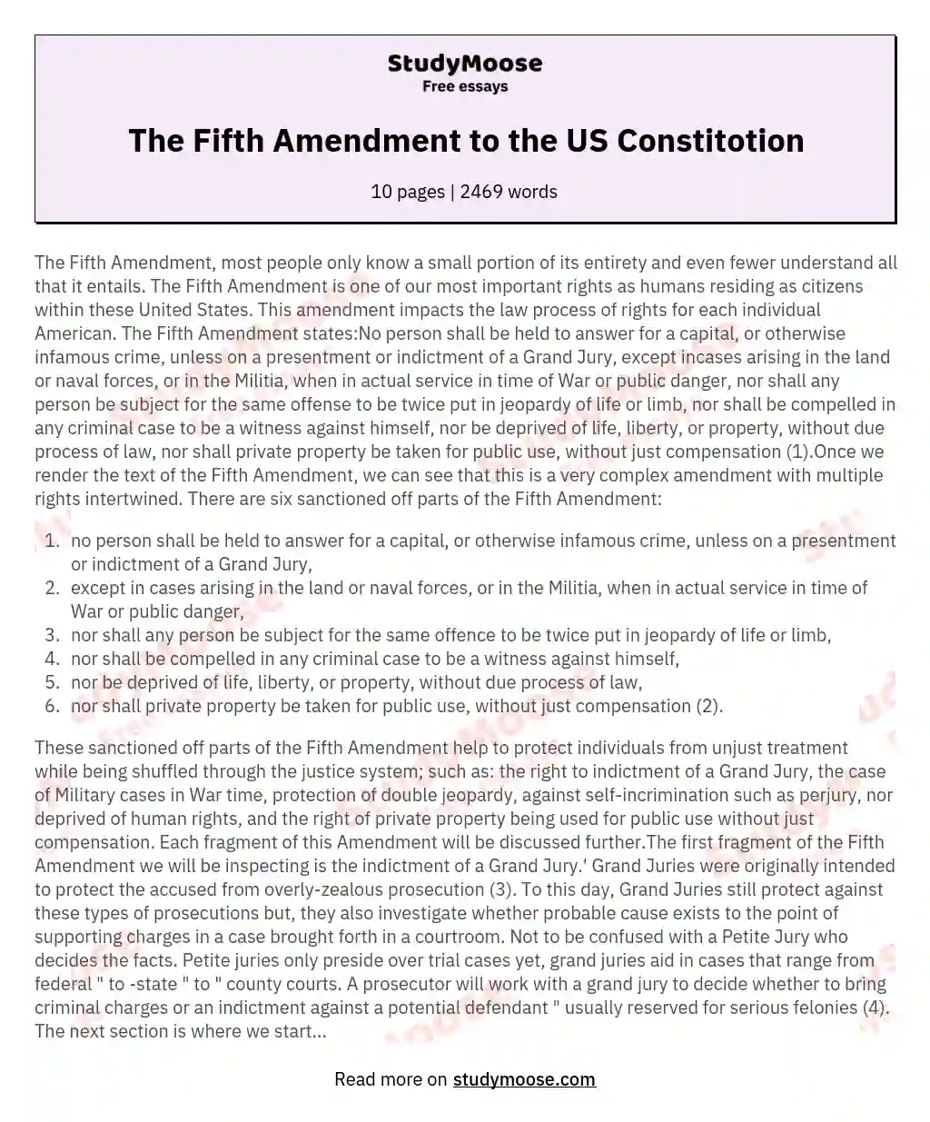 The Fifth Amendment to the US Constitotion essay