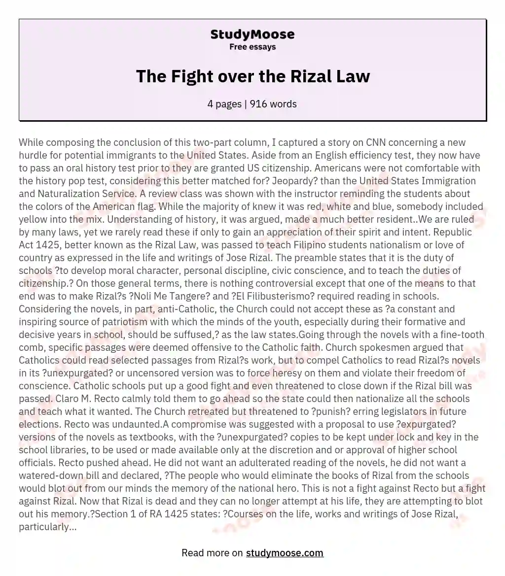 The Fight over the Rizal Law essay
