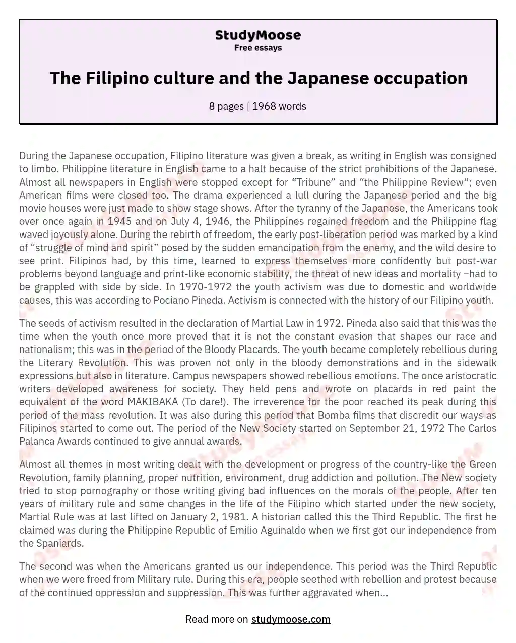 The Filipino culture and the Japanese occupation essay