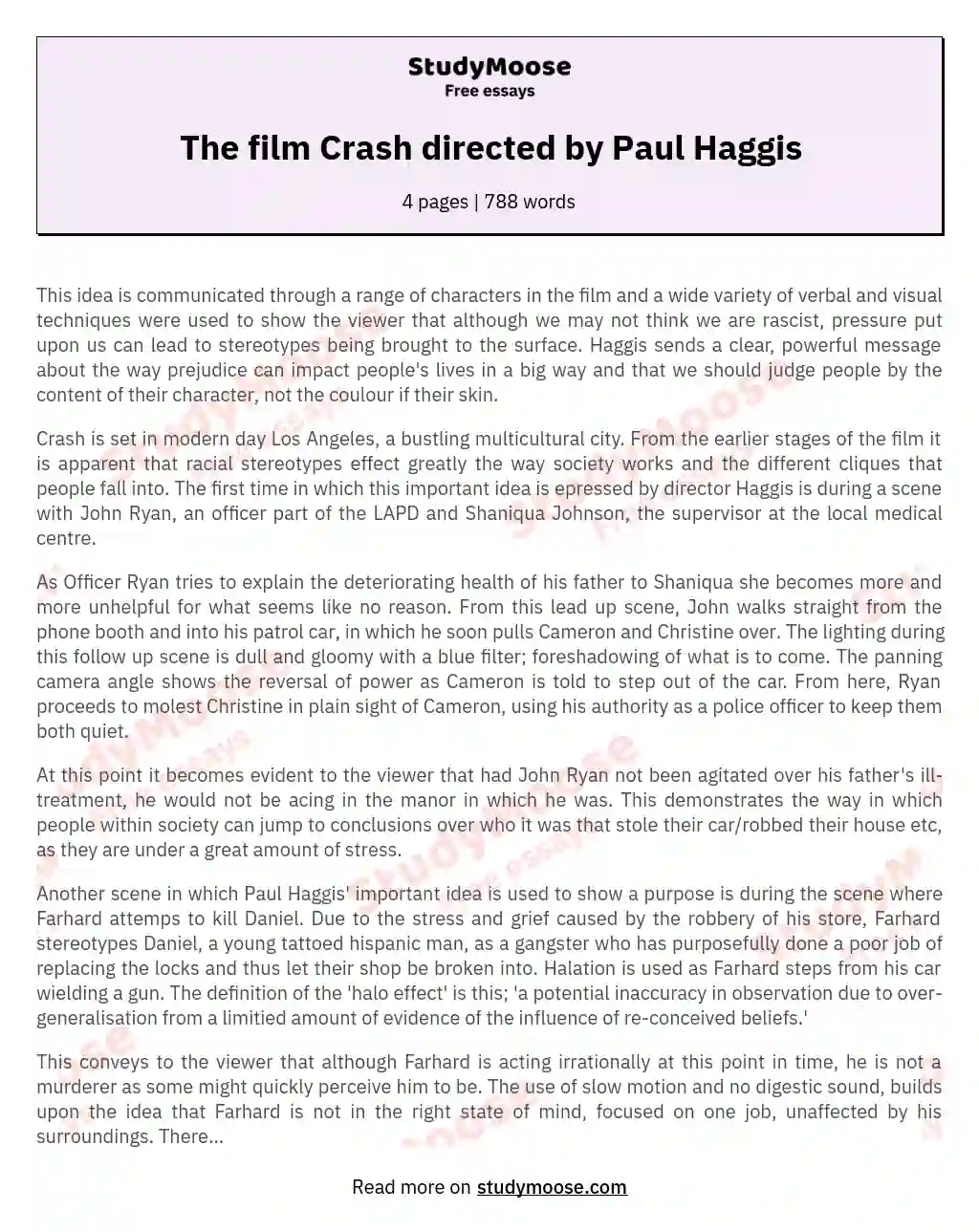 The film Crash directed by Paul Haggis essay