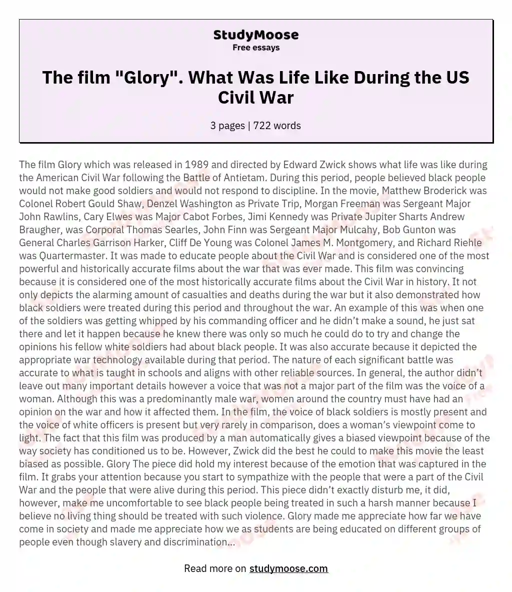The film "Glory". What Was Life Like During the US Civil War essay