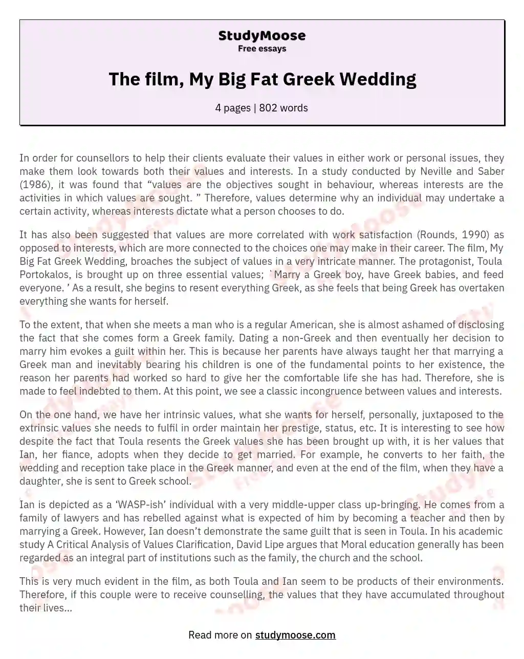 The film, My Big Fat Greek Wedding essay