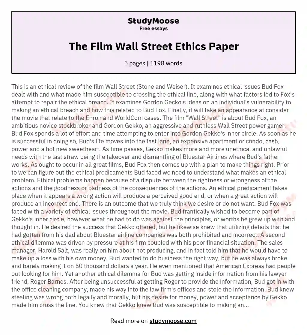 The Film Wall Street Ethics Paper essay
