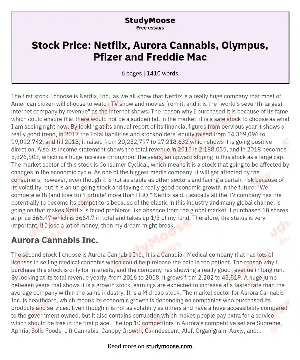 Stock Price: Netflix, Aurora Cannabis, Olympus, Pfizer and Freddie Mac essay