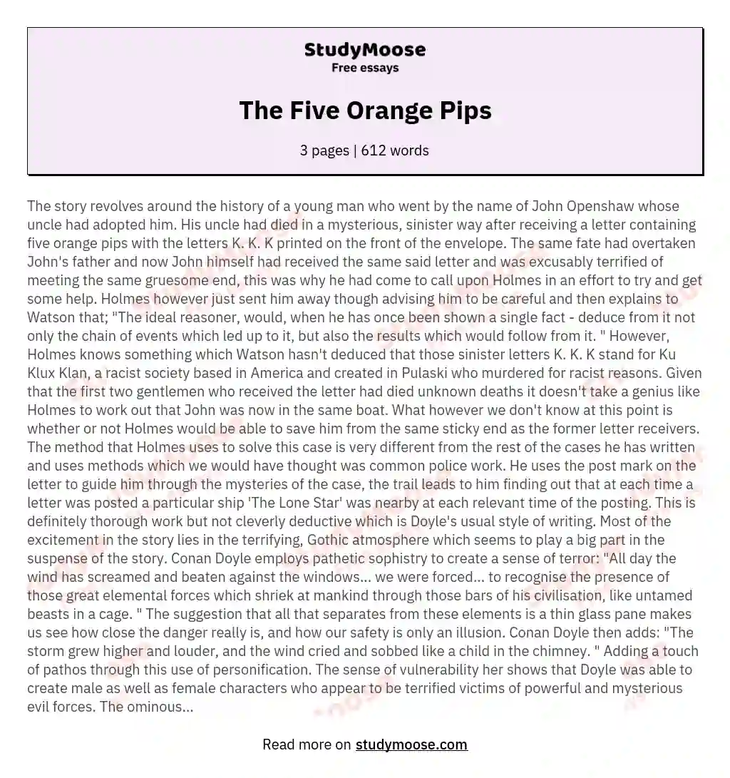 The Five Orange Pips Free Essay Example
