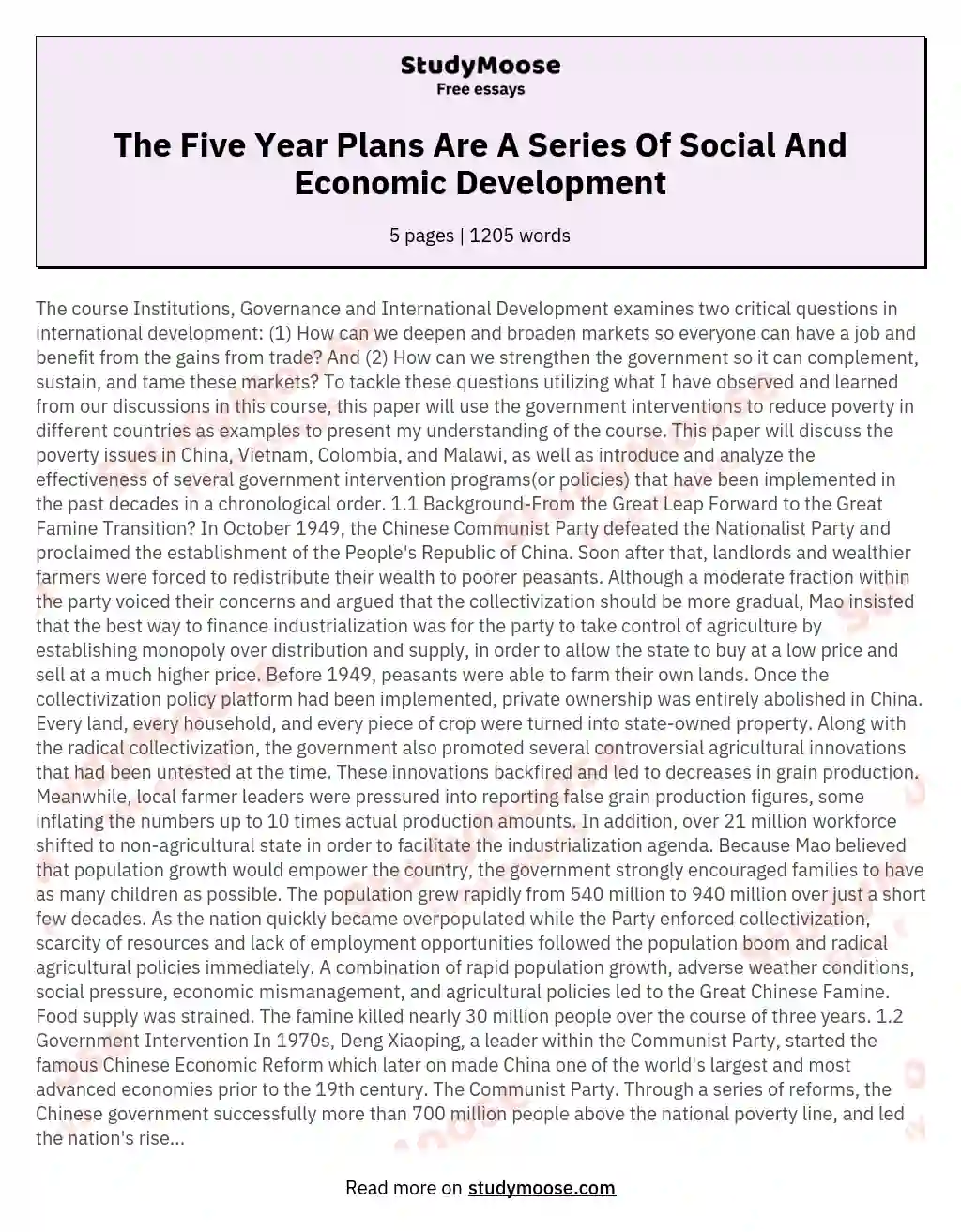 The Five Year Plans Are A Series Of Social And Economic Development essay