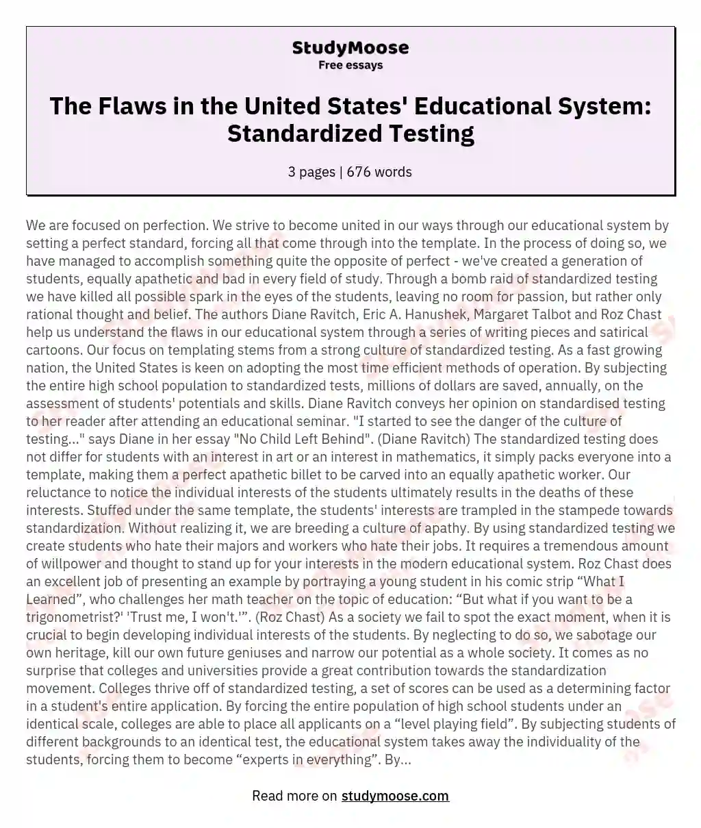 The Flaws in the United States' Educational System: Standardized Testing essay