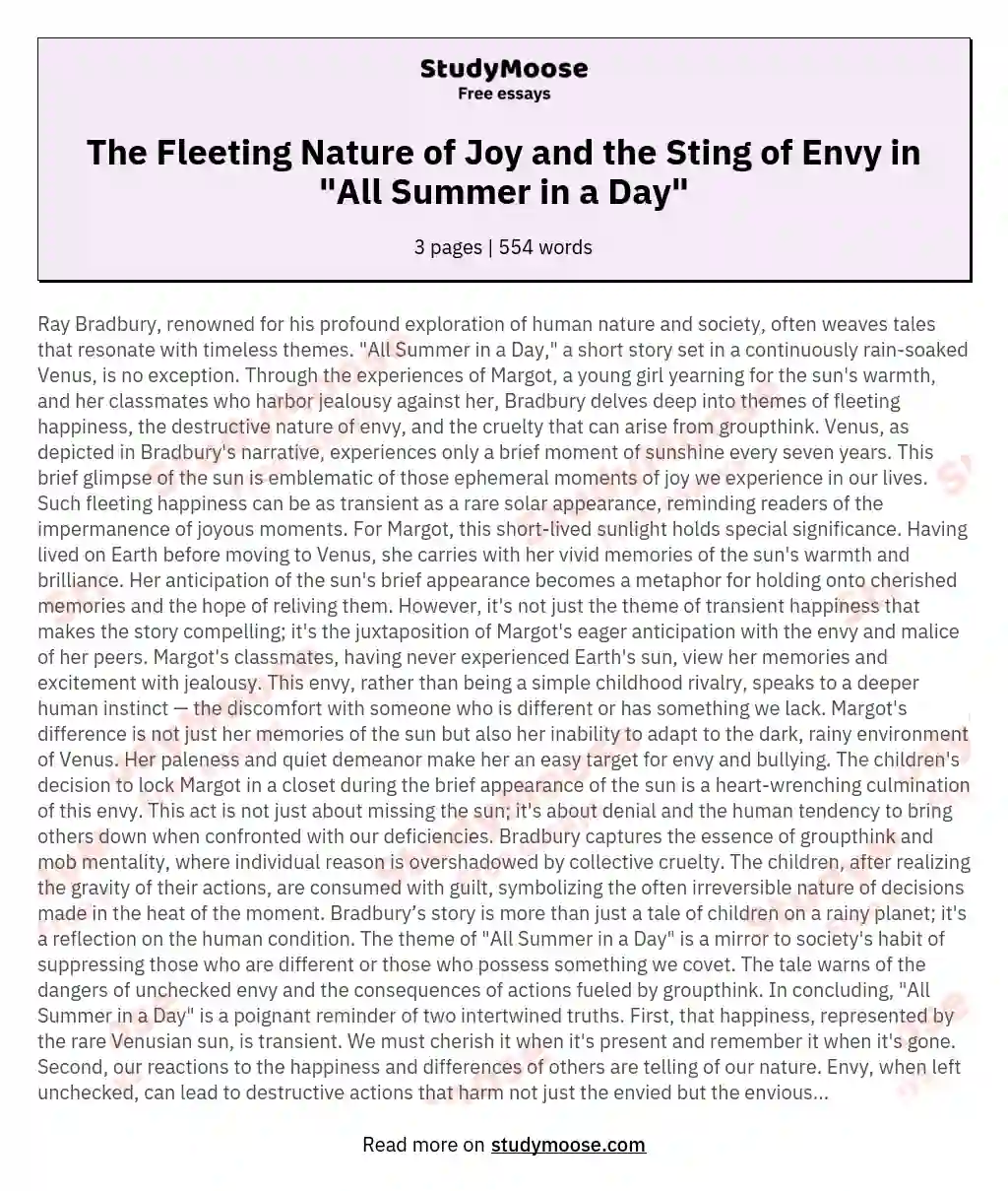 The Fleeting Nature of Joy and the Sting of Envy in "All Summer in a Day" essay