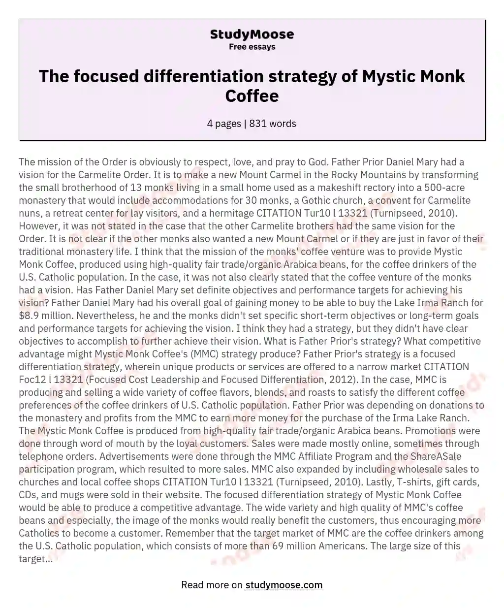 The focused differentiation strategy of Mystic Monk Coffee