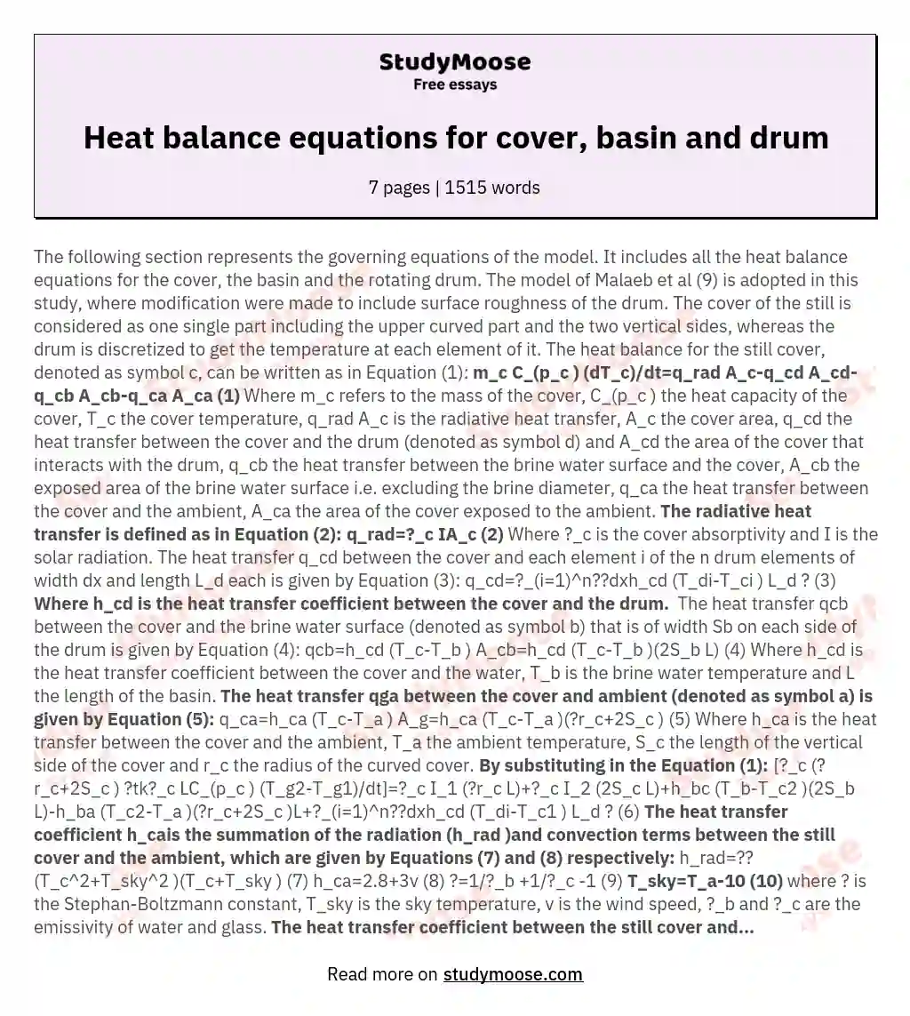 Heat balance equations for cover, basin and drum