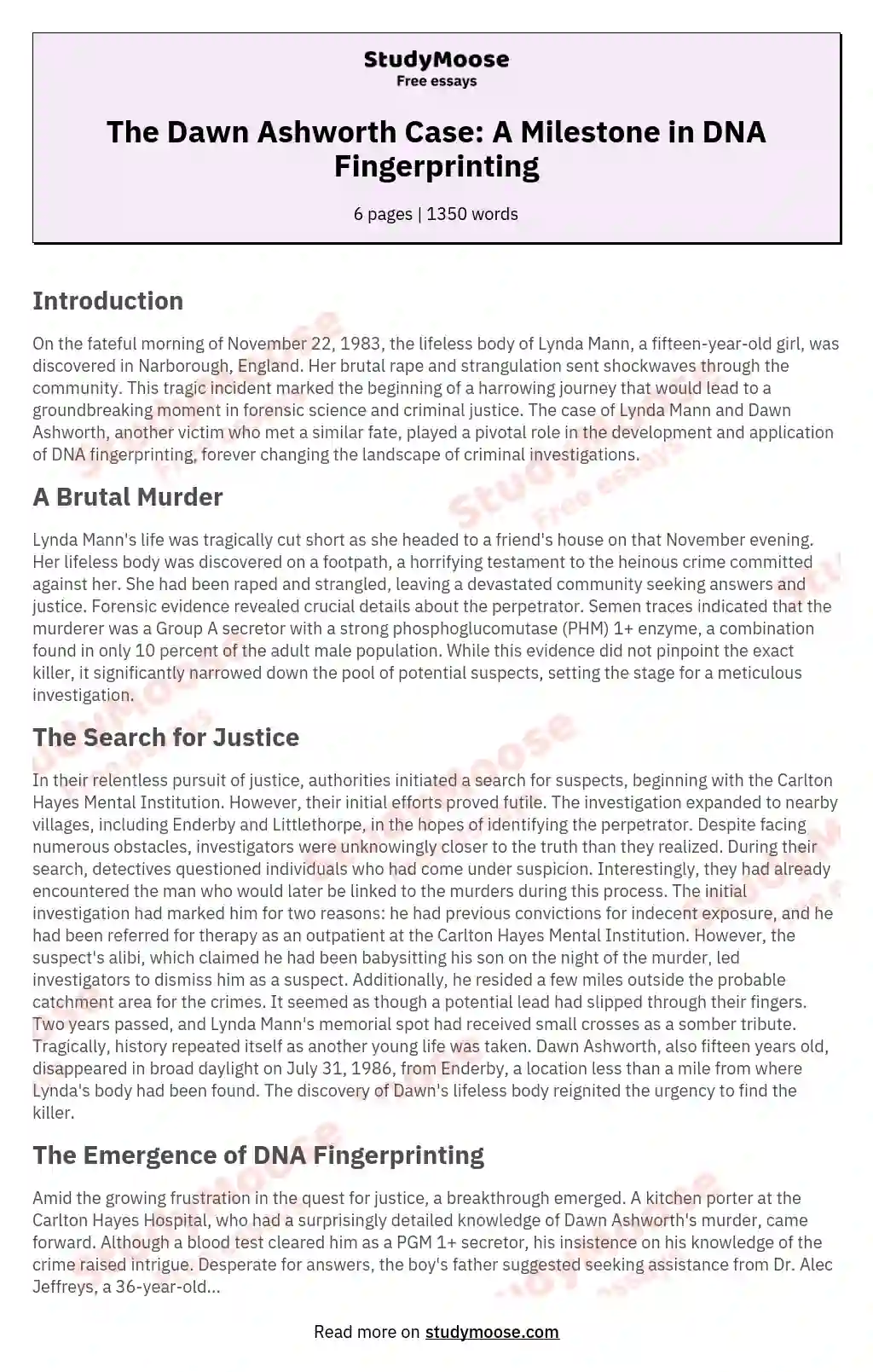 The Dawn Ashworth Case: A Milestone in DNA Fingerprinting essay