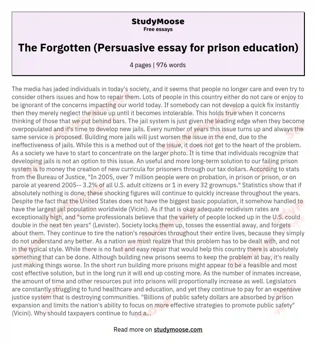 The Forgotten (Persuasive essay for prison education) essay