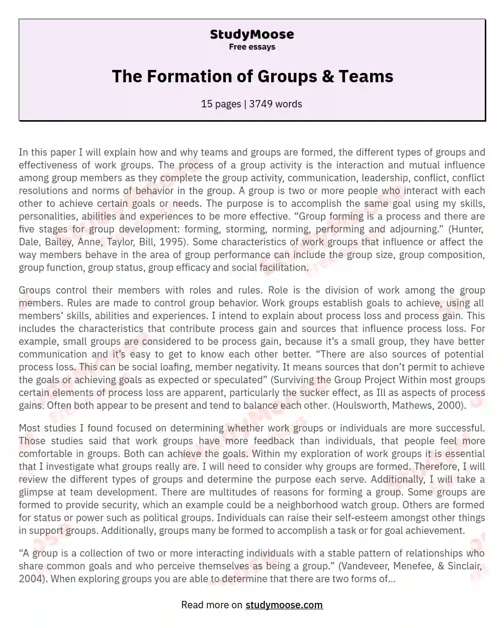 The Formation of Groups & Teams