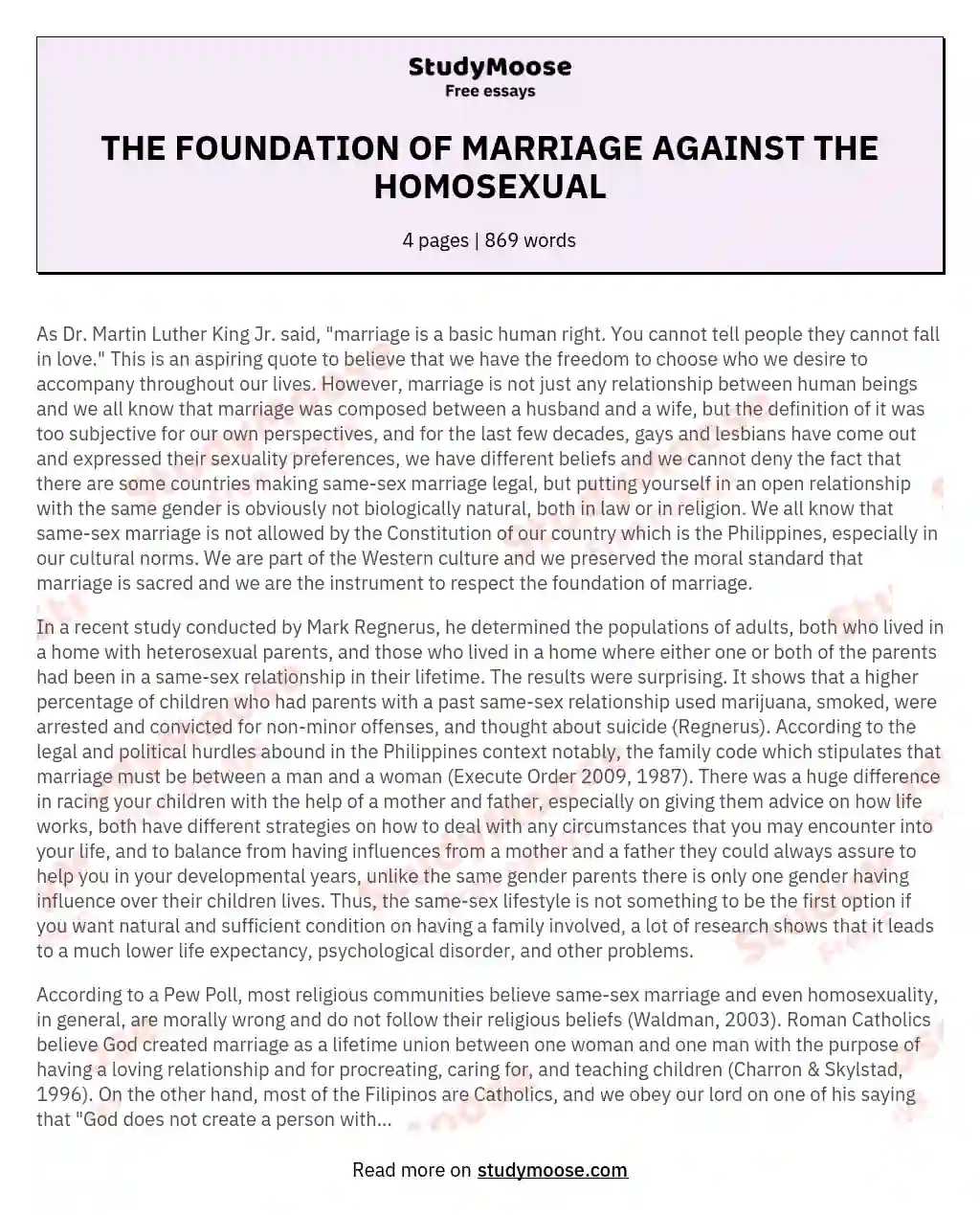 THE FOUNDATION OF MARRIAGE AGAINST THE HOMOSEXUAL
