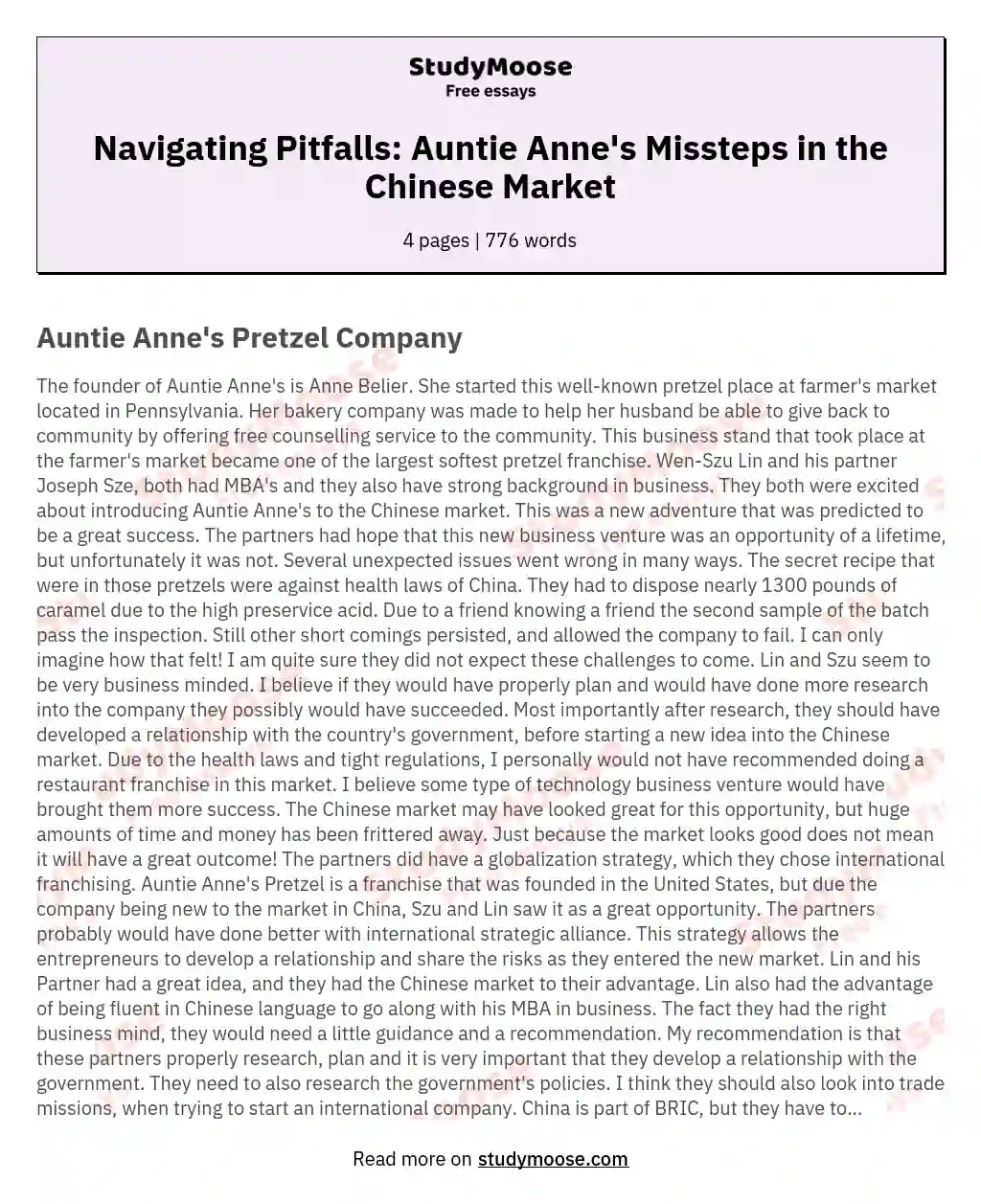 Navigating Pitfalls: Auntie Anne's Missteps in the Chinese Market essay