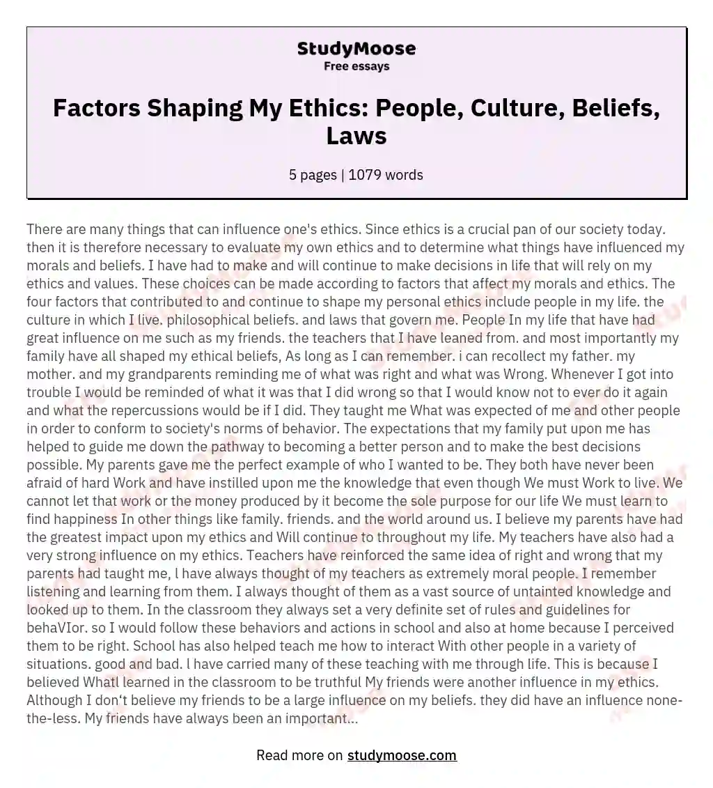 Factors Shaping My Ethics: People, Culture, Beliefs, Laws essay
