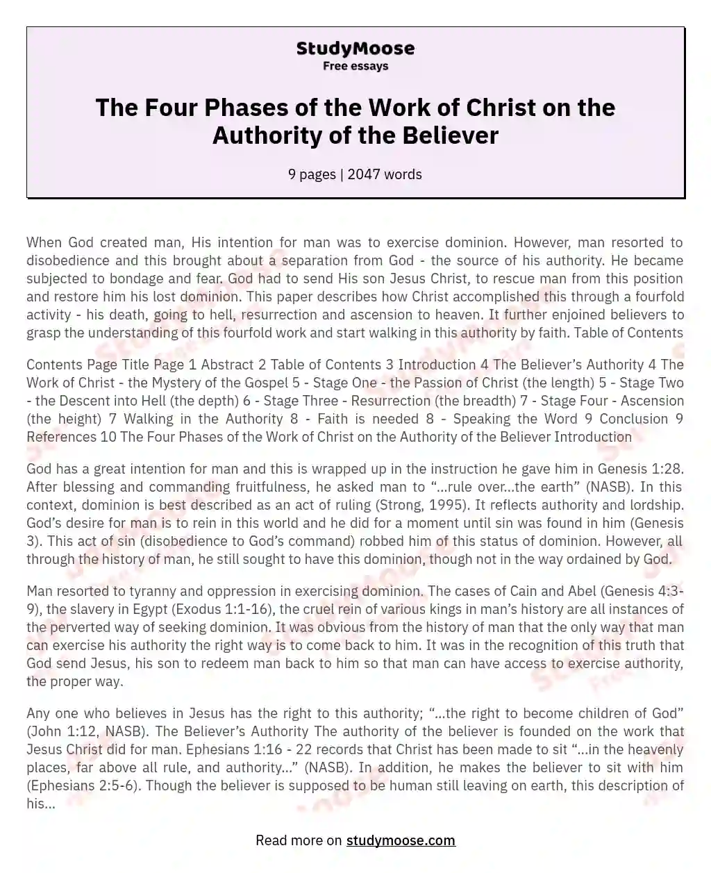 The Four Phases of the Work of Christ on the Authority of the Believer essay