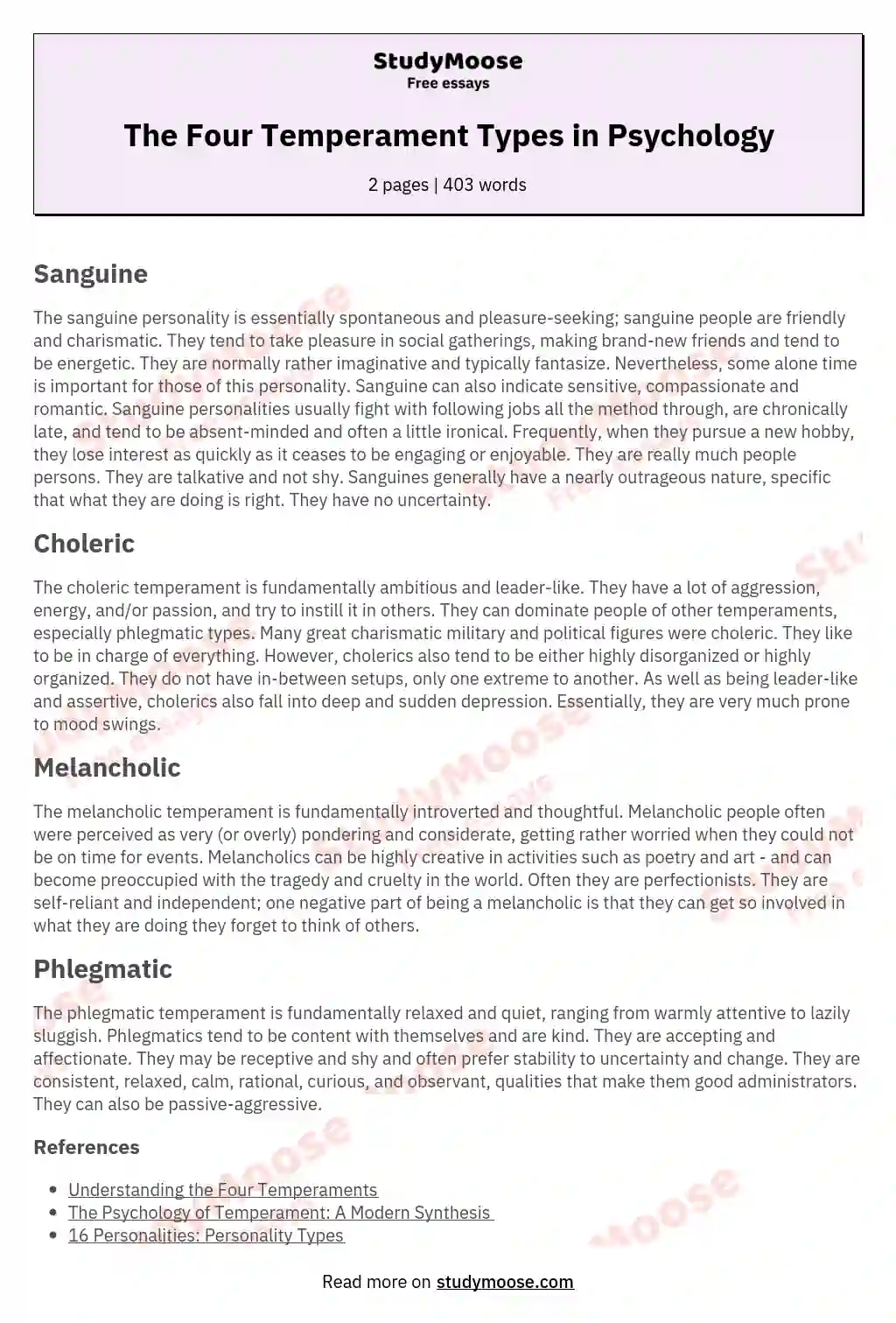 The Four Temperament Types in Psychology essay