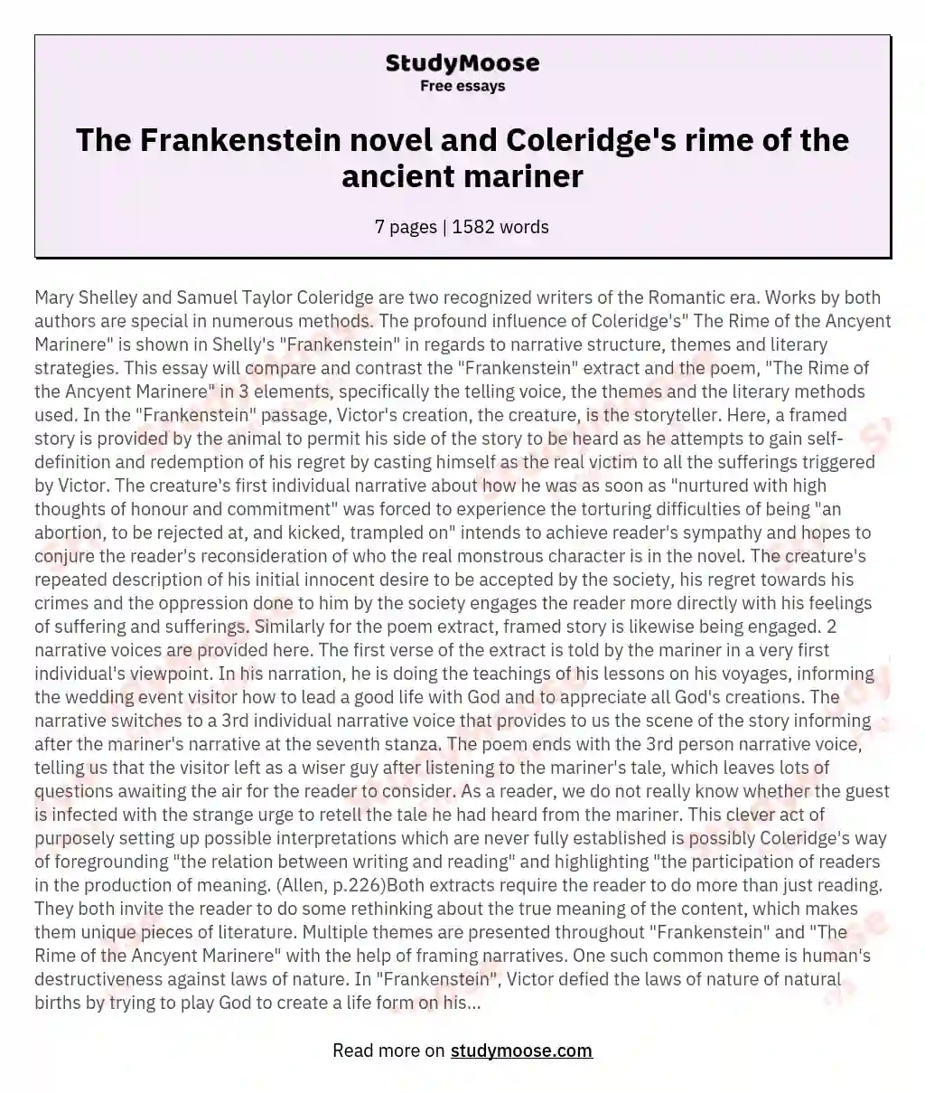 The Frankenstein novel and Coleridge's rime of the ancient mariner