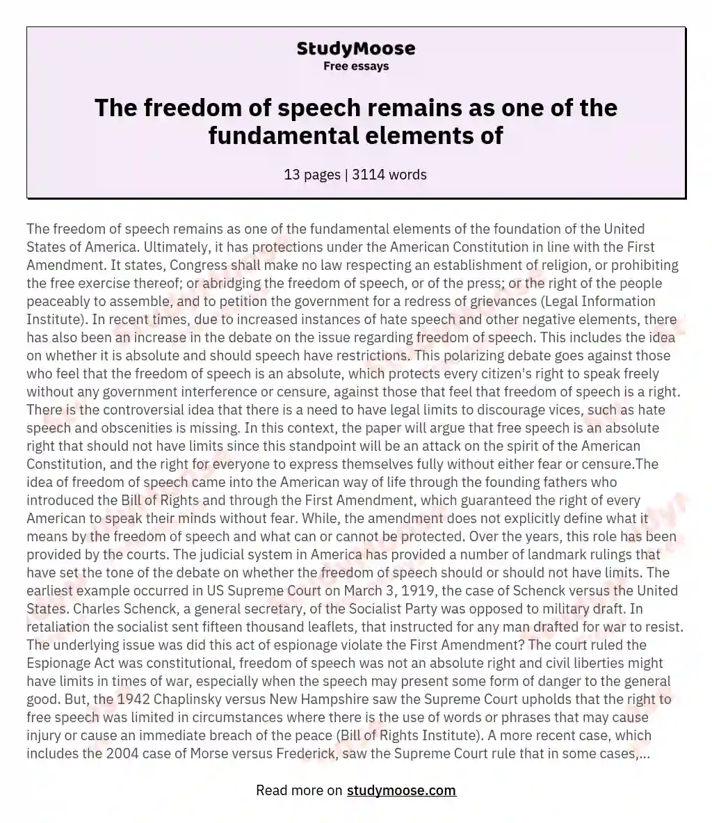 The freedom of speech remains as one of the fundamental elements of essay