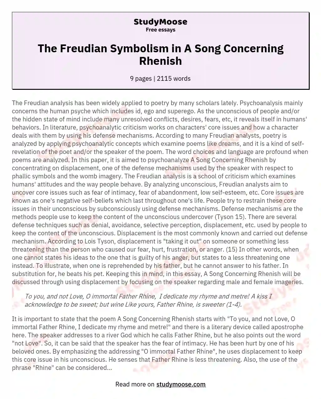 The Freudian Symbolism in A Song Concerning Rhenish essay