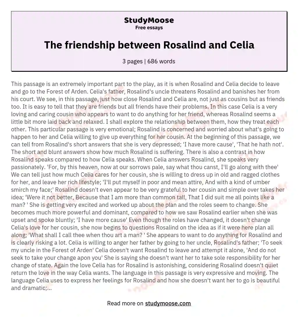 The friendship between Rosalind and Celia essay
