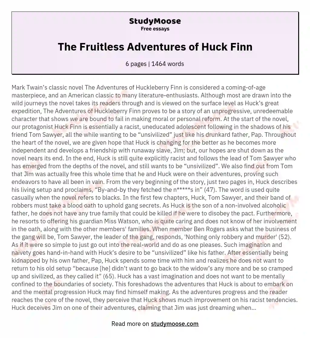  The Fruitless Adventures of Huck Finn  essay