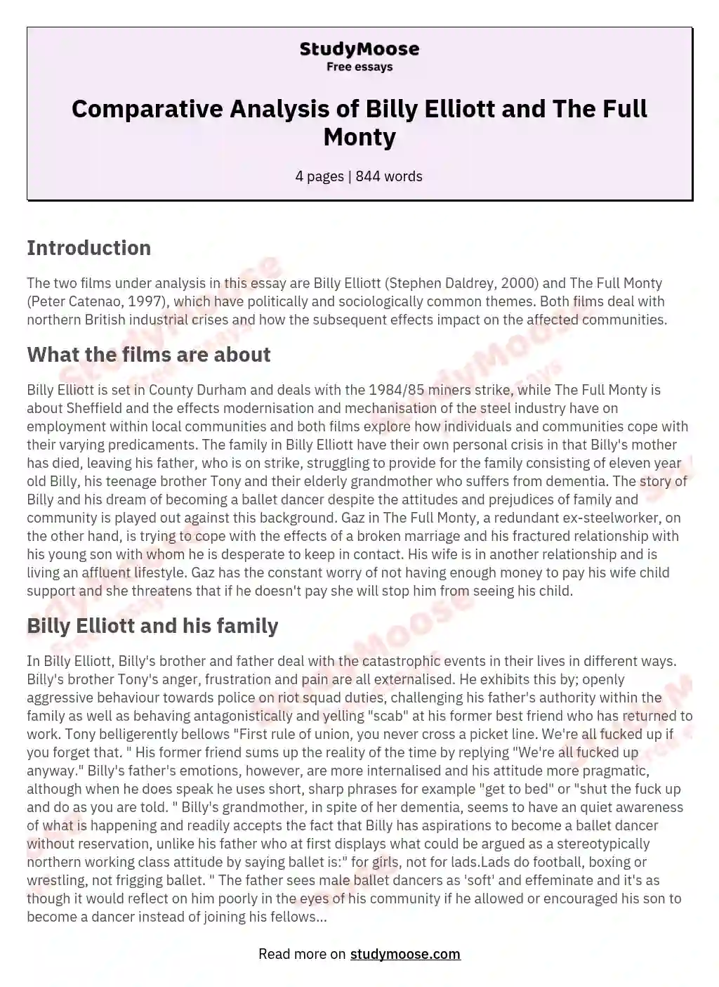 Comparative Analysis of Billy Elliott and The Full Monty essay