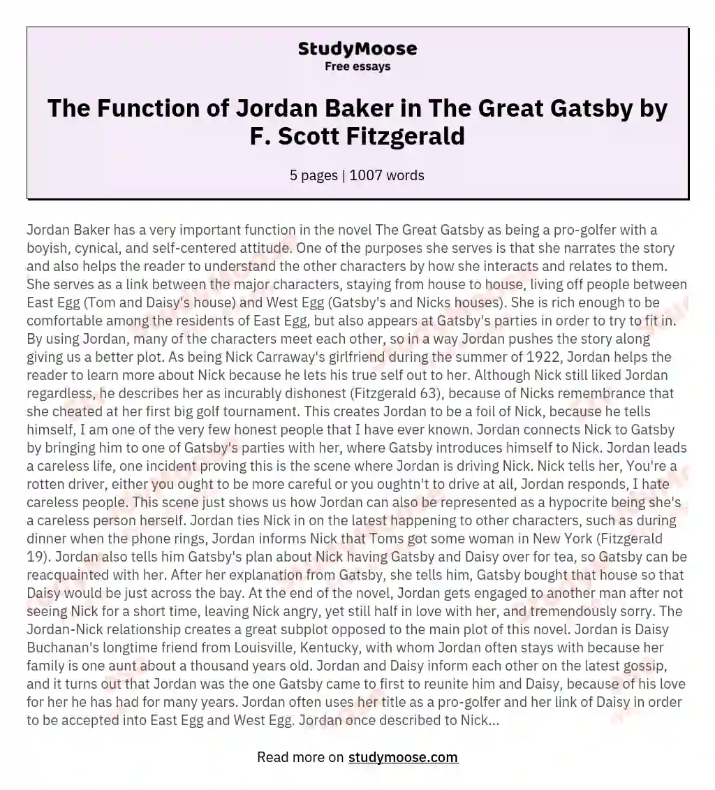 The Function of Jordan Baker in The Great Gatsby by F. Scott Fitzgerald essay