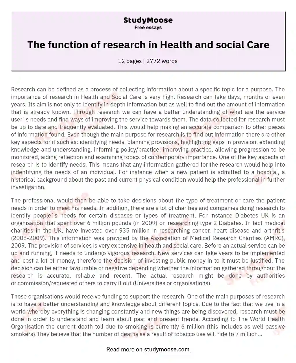 The function of research in Health and social Care essay