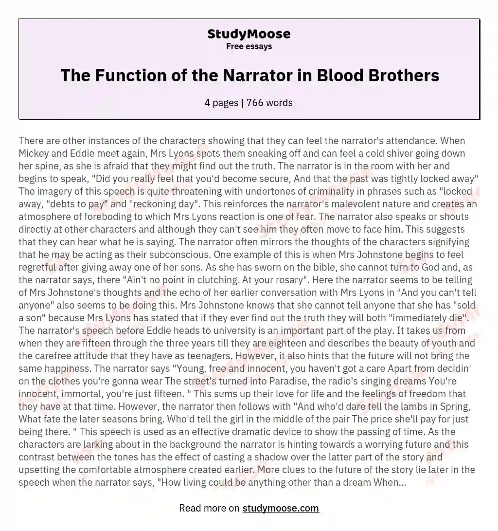 The Function of the Narrator in Blood Brothers essay