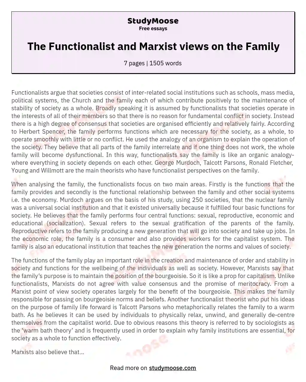 The Functionalist and Marxist views on the Family essay