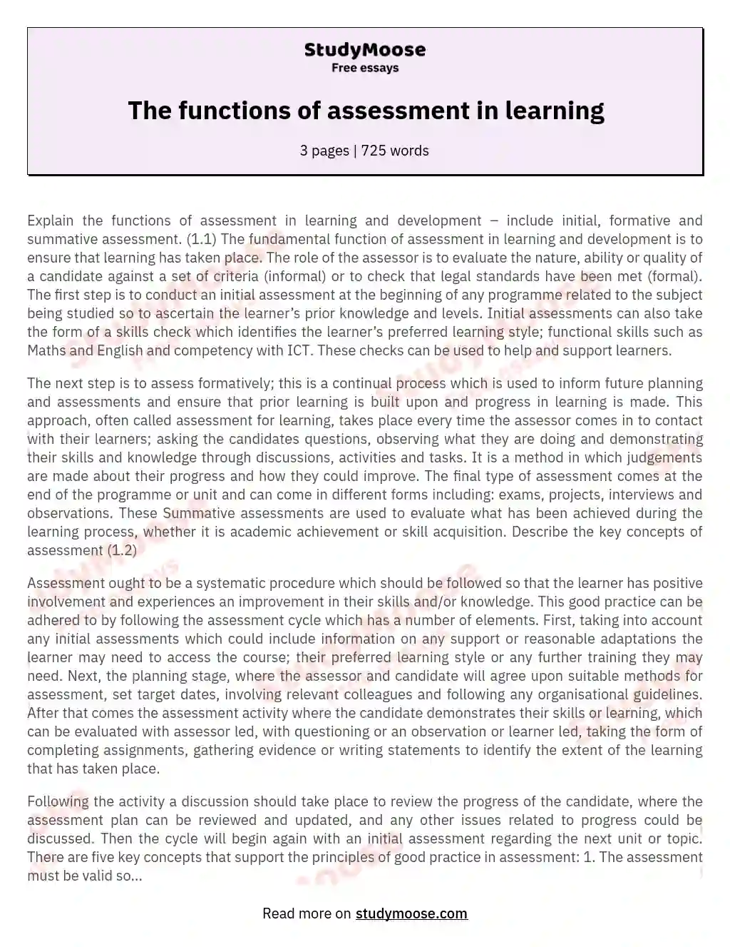 The functions of assessment in learning