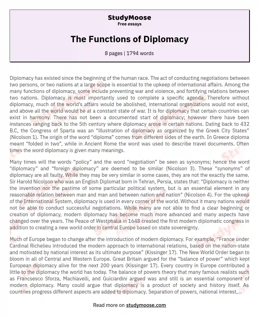 The Functions of Diplomacy essay