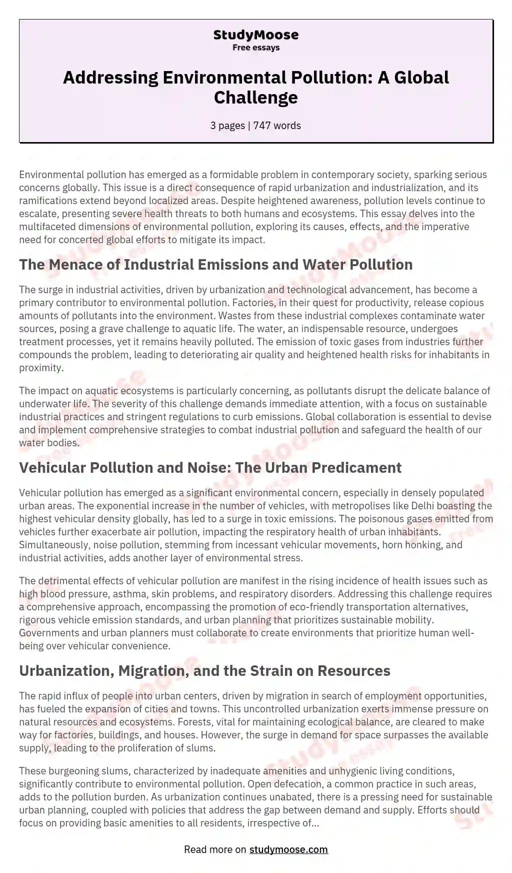 Addressing Environmental Pollution: A Global Challenge essay