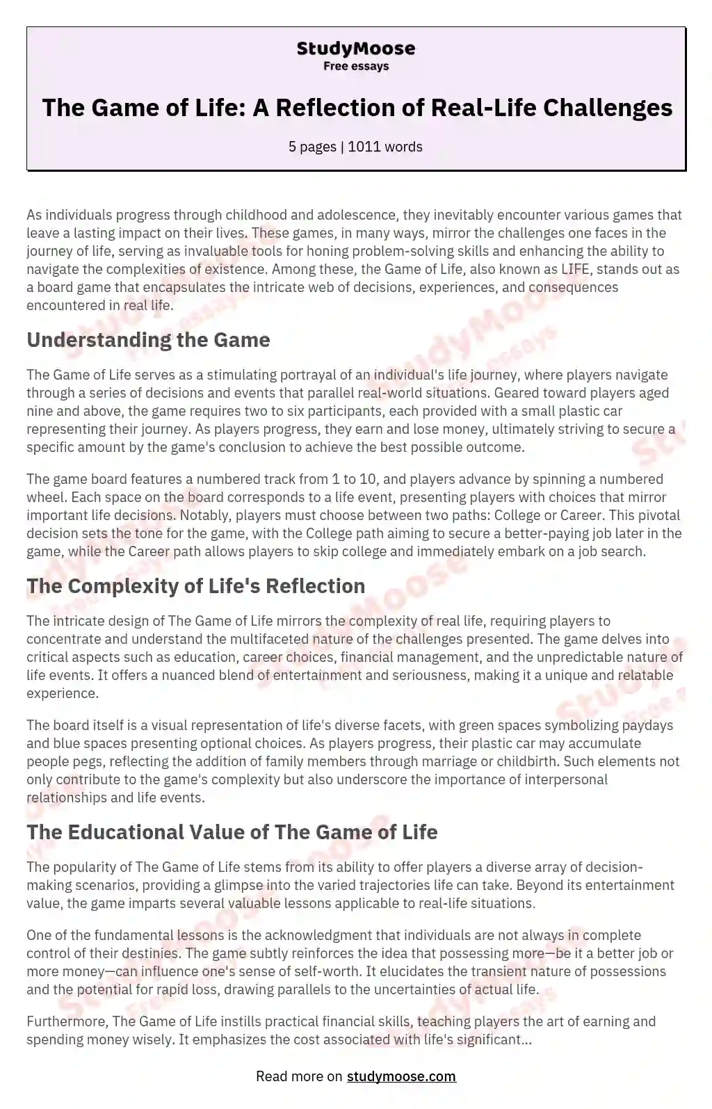 The Game of Life: A Reflection of Real-Life Challenges essay