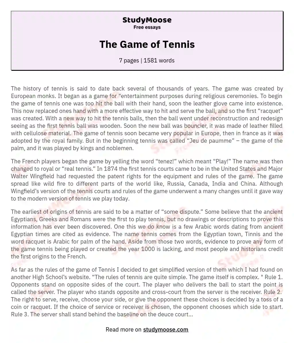 essay about tennis competition