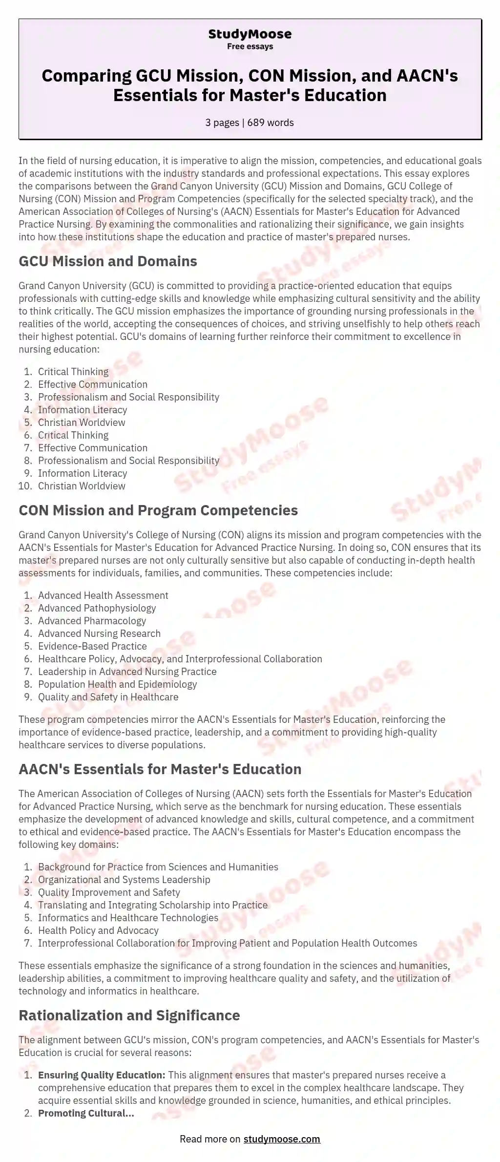 Comparing GCU Mission, CON Mission, and AACN's Essentials for Master's Education essay