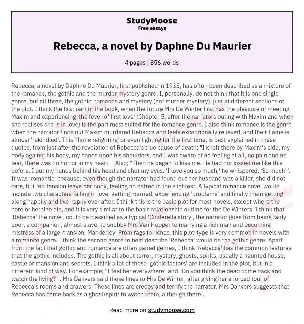 Rebecca, a novel by Daphne Du Maurier essay