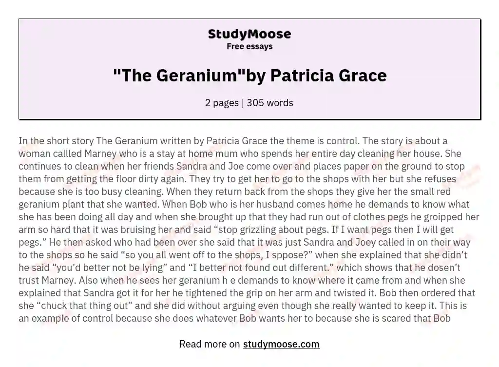 "The Geranium"by Patricia Grace essay