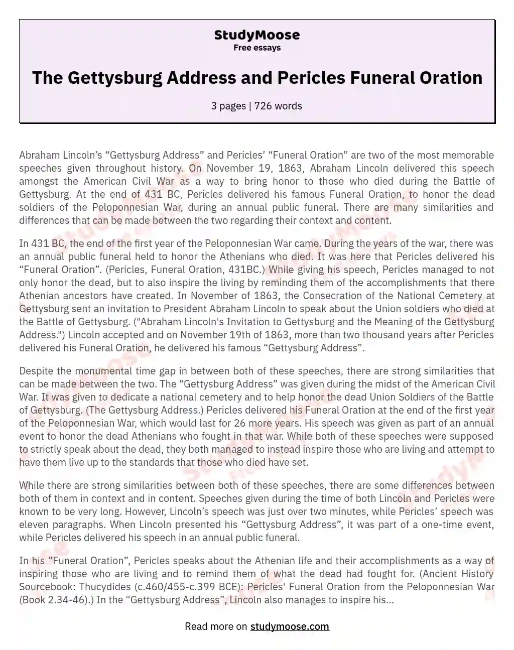 The Gettysburg Address and Pericles Funeral Oration