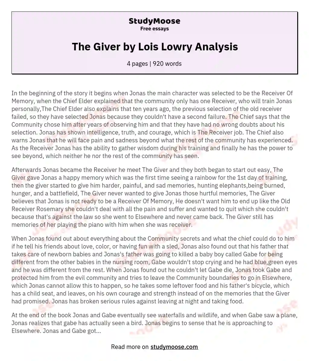 The Giver by Lois Lowry Analysis