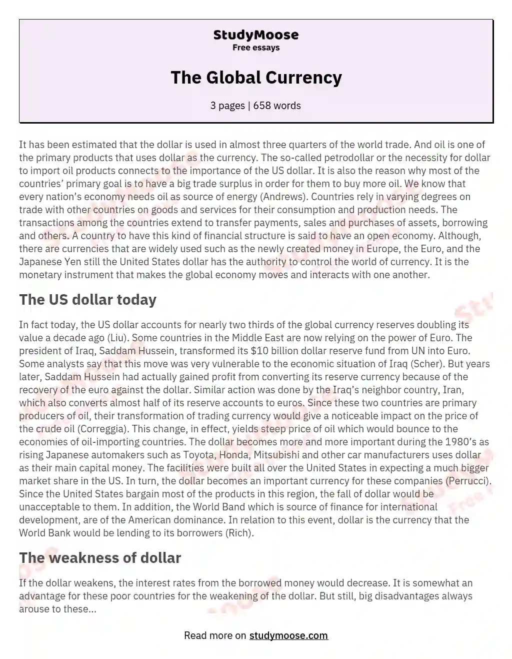 The Global Currency essay