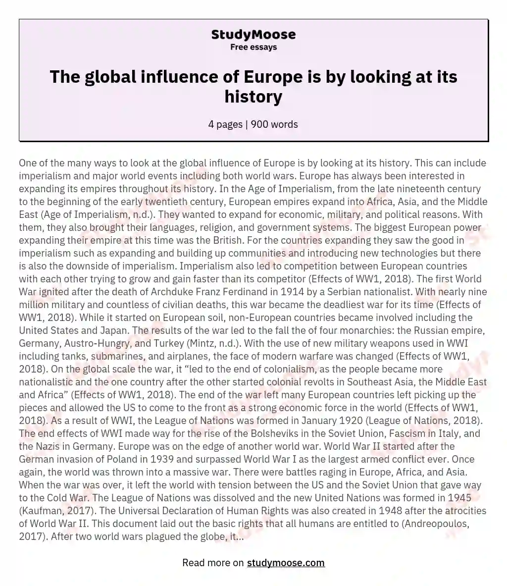 The global influence of Europe is by looking at its history essay
