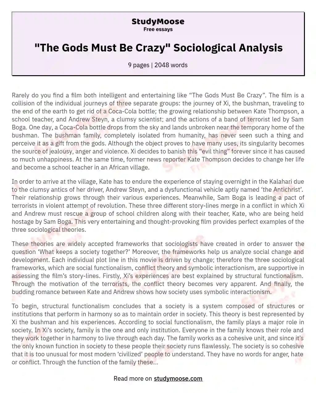 "The Gods Must Be Crazy" Sociological Analysis essay